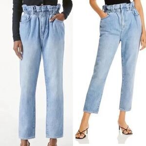 Frame Meridian Paperbag Elastic Waist High Rise Denim Straight Ankle Jeans